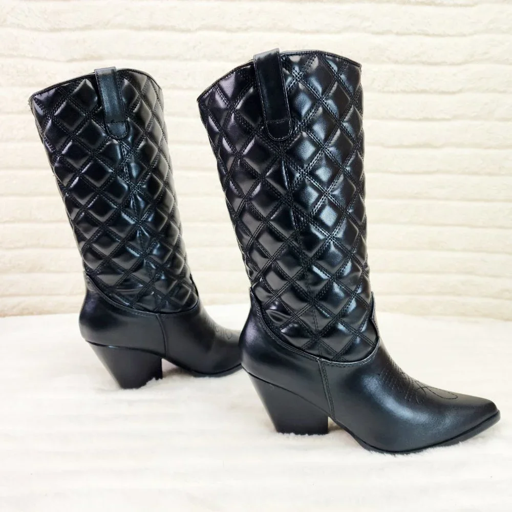 Bells Quilted Faux Leather Western Mid Calf Cowgirl Boots Black_2